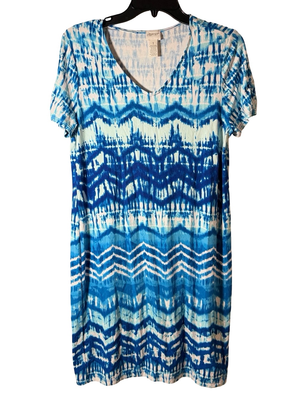 Chico’s Zenergy Blue Tie-Dye V-Neck Casual Women's Dress